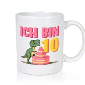 10 Geburtstag | 10 Jahre | Dinosaurier mit Kuchen - Tasse Weiss - Kaffeetasse / Geschenk / Familie