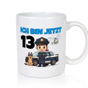 13. Geburtstag | 13 Jahre | Polizei Kind | Polizeiauto - Tasse Weiss - Kaffeetasse / Geschenk / Familie