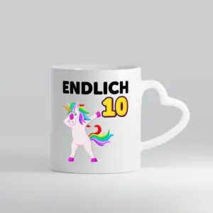 10. Geburtstag | endlich 10 | 10 Jahre | Einhorn | Mädchen - Herzhenkel Tasse - Kaffeetasse / Geschenk / Familie