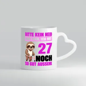 27. Geburtstag | Bitte kein neid | Faultier | 27 Jahre - Herzhenkel Tasse - Kaffeetasse / Geschenk / Familie