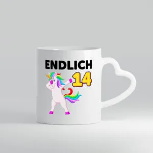 14. Geburtstag | endlich 14 | 14 Jahre | Einhorn | Mädchen - Herzhenkel Tasse - Kaffeetasse / Geschenk / Familie