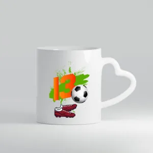 13. Geburtstag | Jungen Fußball | Fußballspieler - Herzhenkel Tasse - Kaffeetasse / Geschenk / Familie