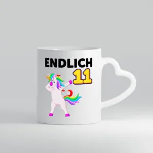 11. Geburtstag | endlich 11 | 11 Jahre | Einhorn | Mädchen - Herzhenkel Tasse - Kaffeetasse / Geschenk / Familie