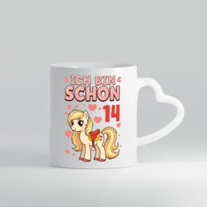 14. Geburtstag | 14 Jahre | Mädchen | Reiten | Pony - Herzhenkel Tasse - Kaffeetasse / Geschenk / Familie