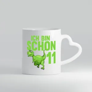 11. Geburtstag | 11 Jahre | Dino | Dinosaurier - Herzhenkel Tasse - Kaffeetasse / Geschenk / Familie