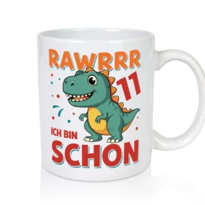 11. Geburtstag | 11 Jahre | Raw Raw ich bin schon 11 | T-Rex - Tasse Weiß - Kaffeetasse / Geschenk / Familie