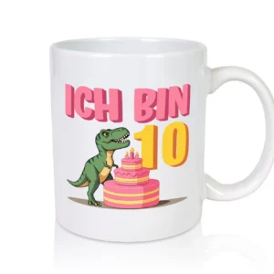 10 Geburtstag | 10 Jahre | Dinosaurier mit Kuchen - Tasse Weiß - Kaffeetasse / Geschenk / Familie