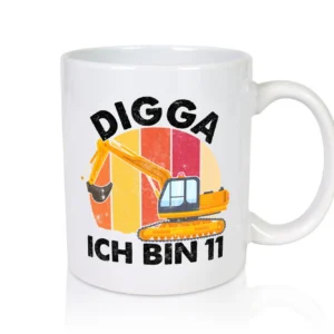 11. Geburtstag | 11 Jahre | Bagger | Digga - Tasse Weiß - Kaffeetasse / Geschenk / Familie