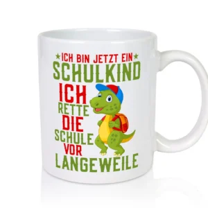 Schulkind | Langeweile | Schulbeginn | Comic | Dinosaurier - Tasse Weiß - Kaffeetasse / Geschenk / Familie